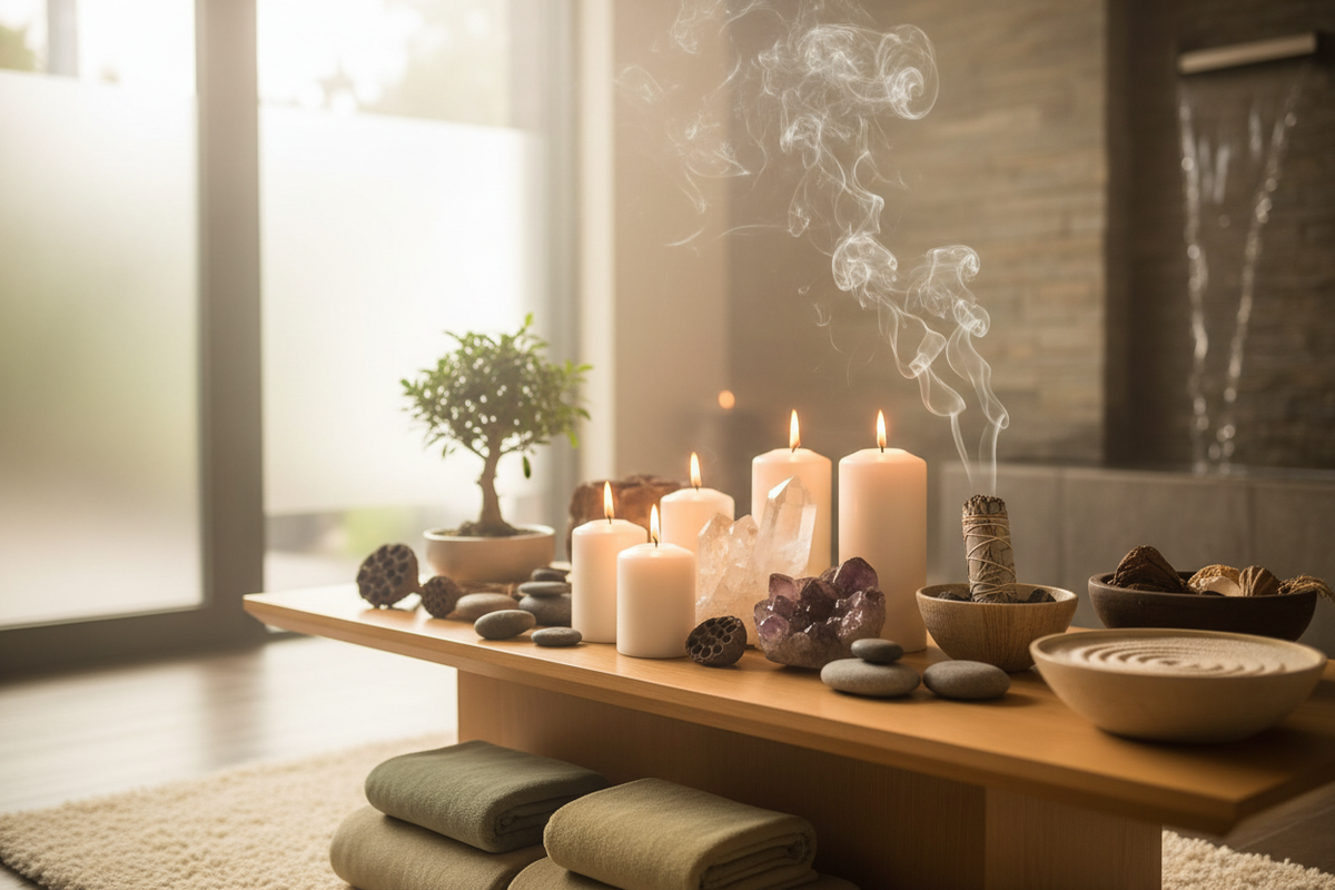 meditation alter in spa like setting with sage burning smoke